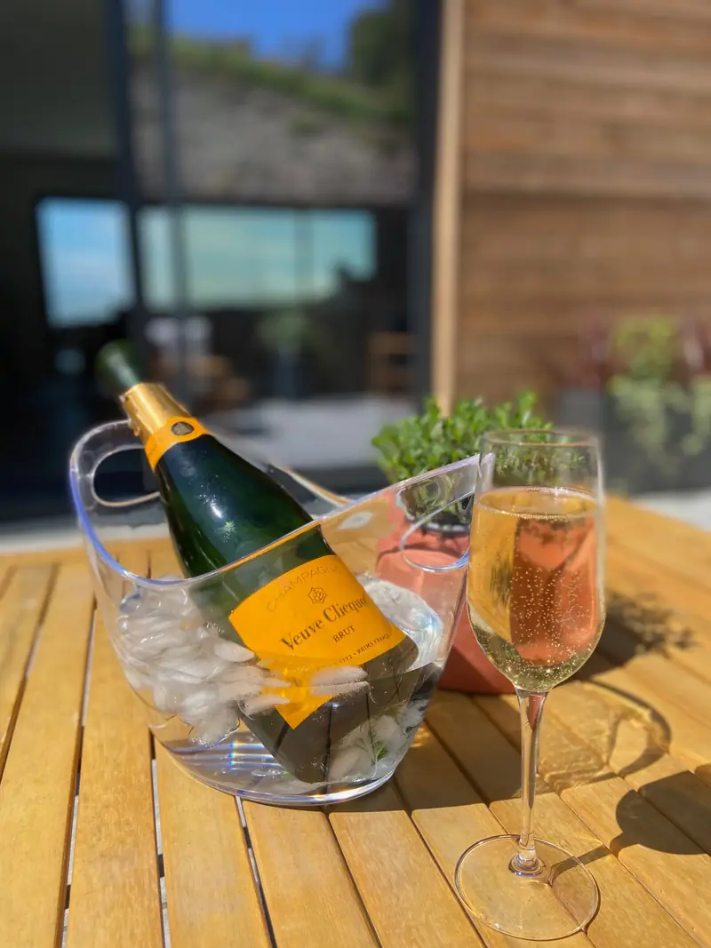 Champagne on ice on the wooden deck at Sunkeeper